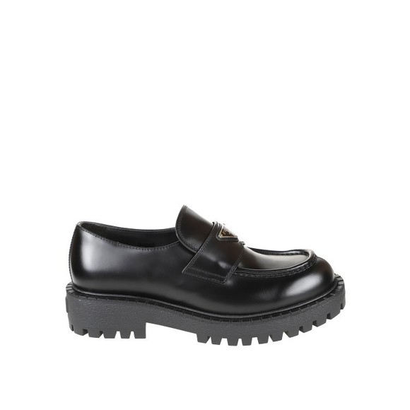 Prada Polished Black Leather Loafers With Chunky Rubber Sole - NWT - Picture 1 of 3